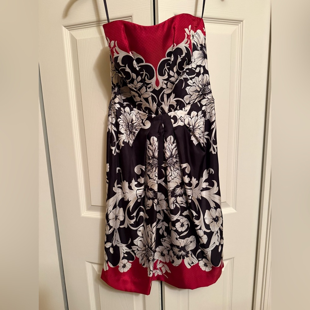 White House Black Market Strapless Red and Black Floral Dress - Picture 1 of 6